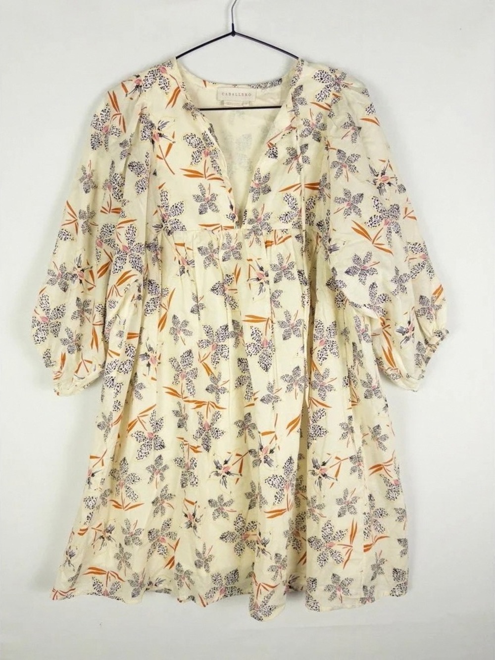 Casual Floral Cream Midi Dress with Puff Sleeves